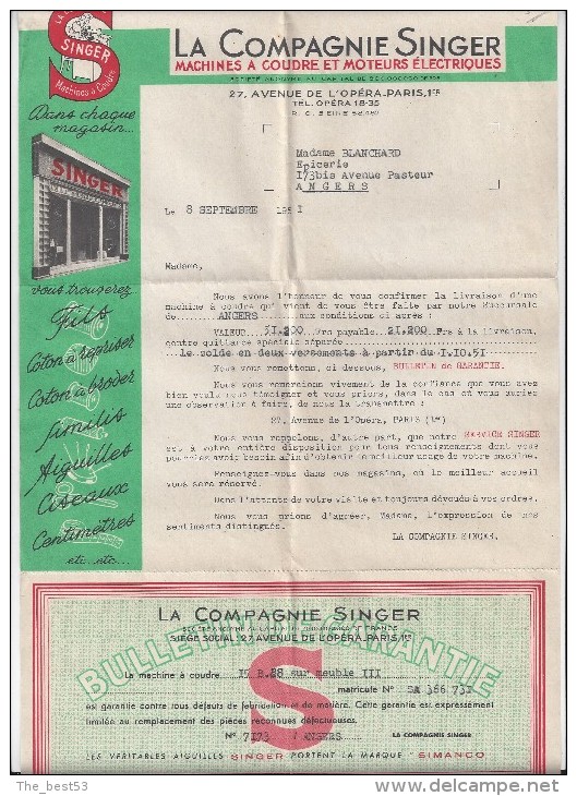 Confirmation De Livraison Avec Bon De Garantie De La Compagnie SINGER  -  Machine à Coudre 1951 - Rechnungen