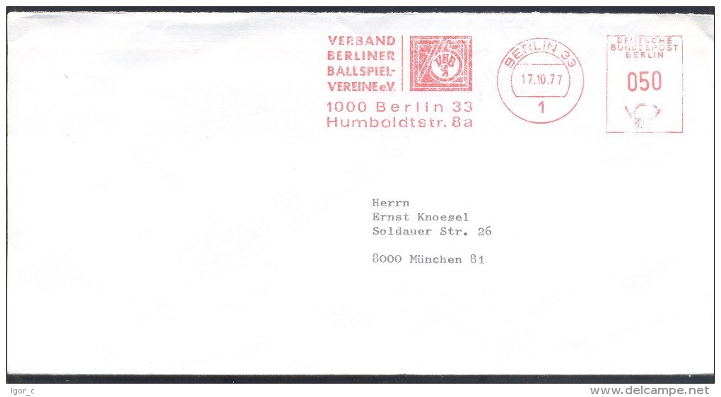 Germany Deutschland 1977 Cover - Meter EMA Cancellation Freistempel: Fauna Bear - Verband Berliner Ballspielvereine - Bears