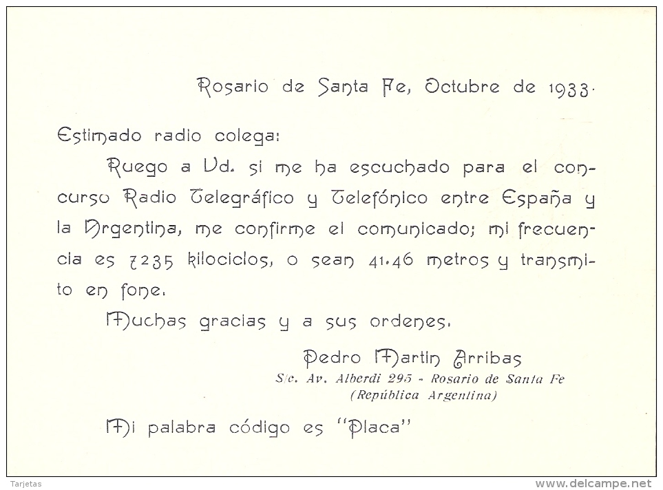 QSL POSTAL DE RADIO AFICIONADO DE ROSARIO DE SANTA FE EN ARGENTINA DEL AÑO 1933 - Otros & Sin Clasificación