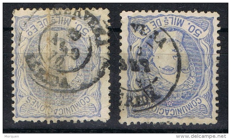 Dos Sellos 50 Milsimas Alegoria, Fechador CERVERA (Lerida), Num 107 Y 107a º - Used Stamps