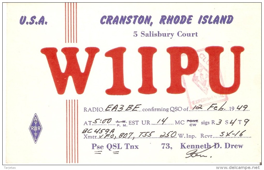 QSL POSTAL DE RADIO AFICIONADO DE CRANSTON, RHODE ISLAND EN USA DEL AÑO 1949 - Otros & Sin Clasificación