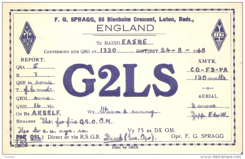 QSL POSTAL DE RADIO AFICIONADO DE F.G. SPRAGG, 86 BLENHEIM CRESCENT, LUTON, BEDS EN ENGLAND DEL AÑO 1948 - Otros & Sin Clasificación