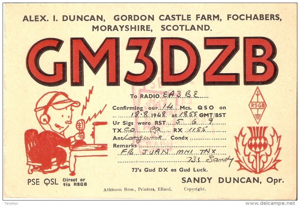 QSL POSTAL DE RADIO AFICIONADO DE ALEX DUNCAN, GORDON CASTLE FARM, FOCHABERS, MORAYSHIRE, SCOTLAND DEL AÑO 1948 - Otros & Sin Clasificación