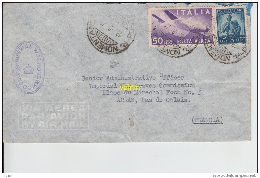 Timbres Sur Enveloppe     Pour Arras  Imperial War Graves Commission  Rome - Non Classificati