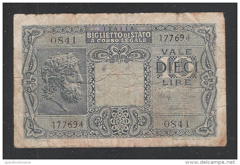 ITALIA - LUOGOTENENZA - 1944 - BIGLIETTO DI STATO DA LIRE 10 - CIRCOLATO - IN BUONE CONDIZIONI. - Italia – 10 Lire