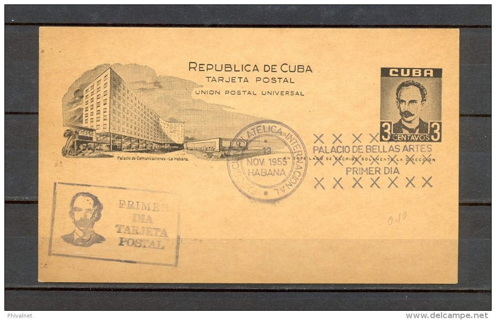 1955 CUBA, ENTERO POSTAL, MATASELLOS PRIMER DIA, JOSE MARTÍ, PALACIO DE COMUNICACIONES DE LA HABANA - Brieven En Documenten