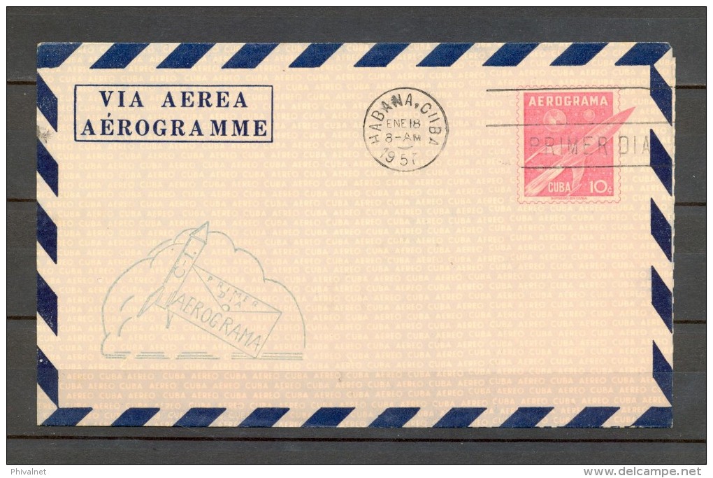 1957 CUBA, AEROGRAMA , PRIMER DIA,  COHETE ESPACIAL, ASTROFILATELIA - Covers & Documents