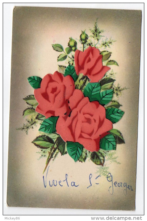 Fantaisie-Fleur(rose)-carte à Système Sur Petits Morceaux De Cartons Amovibles-Vive La St Georges--grains De Givre-n°682 - A Systèmes