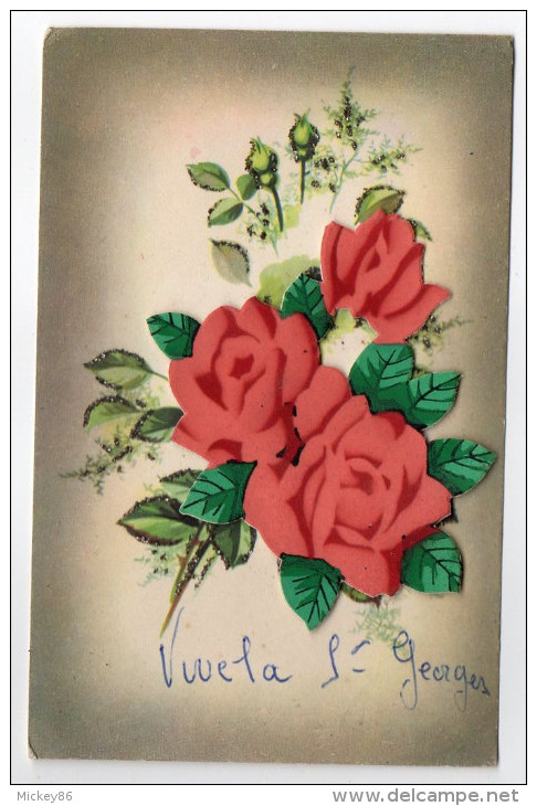 Fantaisie-Fleur(rose)-carte à Système Sur Petits Morceaux De Cartons Amovibles-Vive La St Georges--grains De Givre-n°682 - A Systèmes