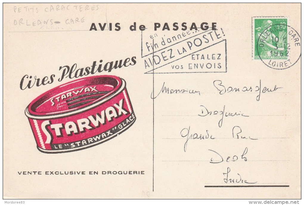 AVIS DE PASSAGE AGENT DROGUERIE BRUNEL HELLEMMES LILLE CIRES PLASTIQUES STARWAX 1962  TDA38 - Drogisterij & Parfum