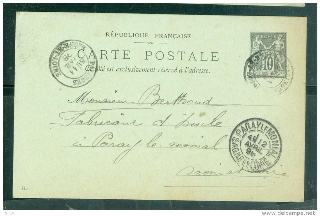 Entier 10 Centimes Sage Oblitéré " Palinges , Saone Et Loire " Pour Paray Le Monial En 1898 - BB13807 - 1877-1920: Semi Modern Period