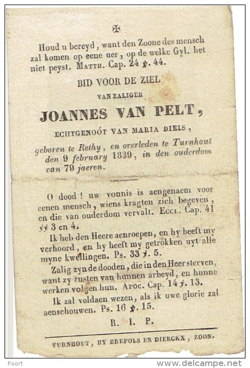 RETIE / TURNHOUT - Doodsprentje Joannes VAN PELT, Echtgen. M. DIELS +1839 (kopergravure Met Doodshoofd) - Andachtsbilder