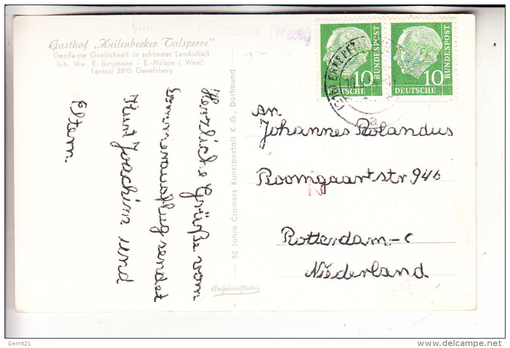 5828 ENNEPETAL - MILSPE, Gasthof Heilenbecker Talsperre, 1954, Landpoststempel "Ennepetal-Wittenstein" - Ennepetal