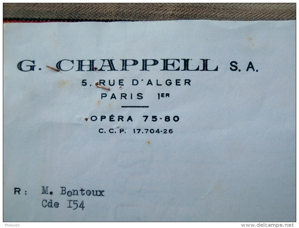 75 PARIS 1er  54 LONGWY  Chappell S.A   Facture + Conge  BLACK & WHITE - Rechnungen