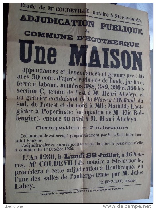 Openbare VERKOOP Une MAISON Te D'HOUTKERQUE Anno 1930 Notaire Coudeville Steenvoorde ( Zie Foto's Voor Detail ) ! - Affiches