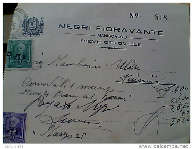 FATTURA MANISCALCO NEGRI  PIEVE OTTOVILLE PARMA  MARCHE DA BOLLO 1942 ER13986 - Italia