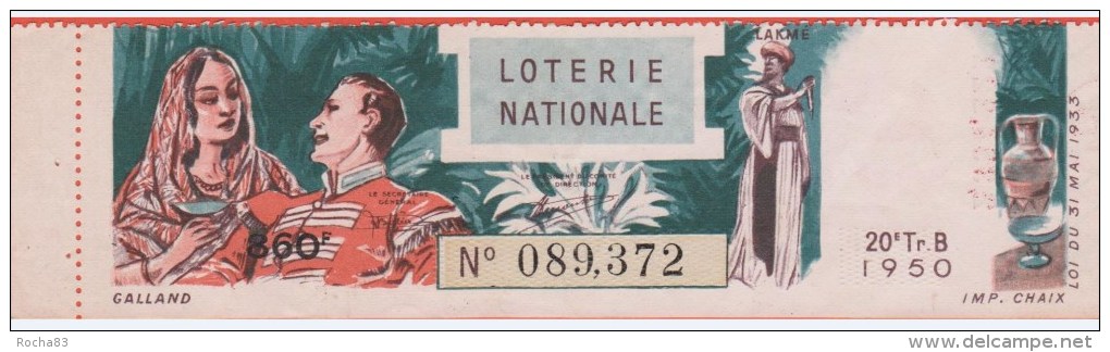 Loterie Nationale 1950 - 20 ème T. B  - Entier De 860 Fr - Lakmé - Lotterielose