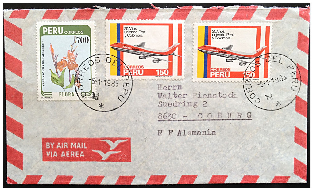 Peru Mi. 1279 Und 1244(2) By Air Mail 1985 Nach Coburg !!! - Perú