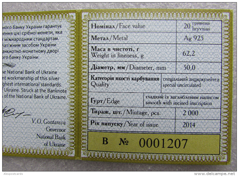 UKRAINE 2014. SILVER Ag 925 COIN 20 HRYVNIAS "OLEXANDER DOVZHENKO, CINEMA DIRECTOR, WRITER & FILMMAKER". PROOF UNC + BOX