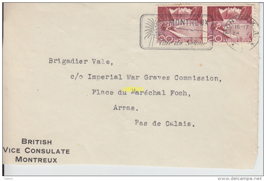 Dessus D Enveloppe Timbrée   De British Vice Consulate Montreux  Pour Imperial War Graves Commission   Arras - Altri & Non Classificati