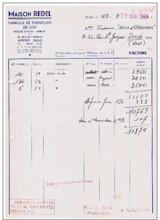 Facture, 92 -- ANTONY -- Fabrique De Parapluies De Luxe, Mon Redel  1953 (différente Des 2 Autres) - 1950 - ...