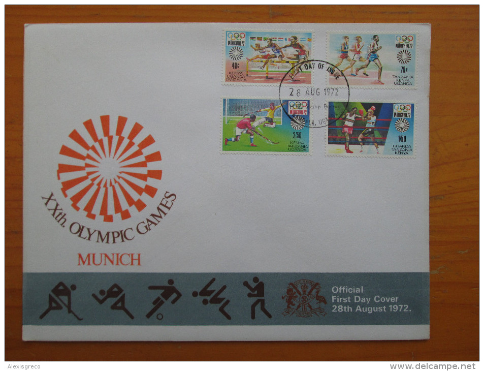 KUT 1972 MUNICH OLYMPICS Issue FULL SET FOUR STAMPS To 2/50 On OFFICIAL ILLUSTRATED FDC. - Kenya, Uganda & Tanzania