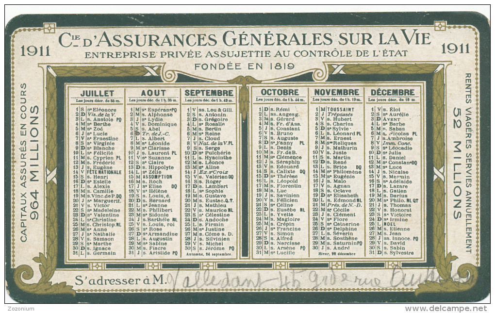 1911 Assurances Generales Sur La Vie, Paris, General Life Insurance, - Vintage Old Pocket Calendar - Petit Format : 1901-20