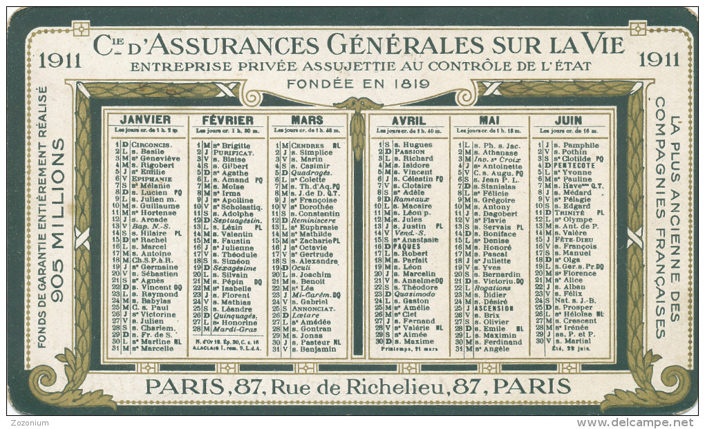 1911 Assurances Generales Sur La Vie, Paris, General Life Insurance, - Vintage Old Pocket Calendar - Petit Format : 1901-20