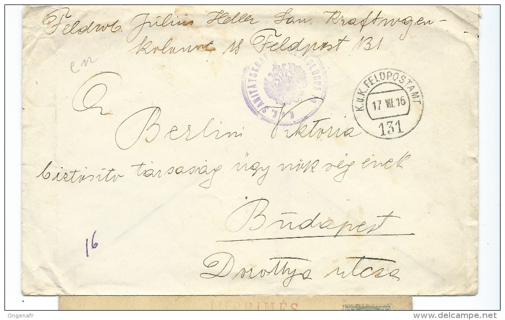 Enveloppe  Du 17/07/1916 Pour Budapest En Franchise + Censure - Vrijstelling Van Portkosten