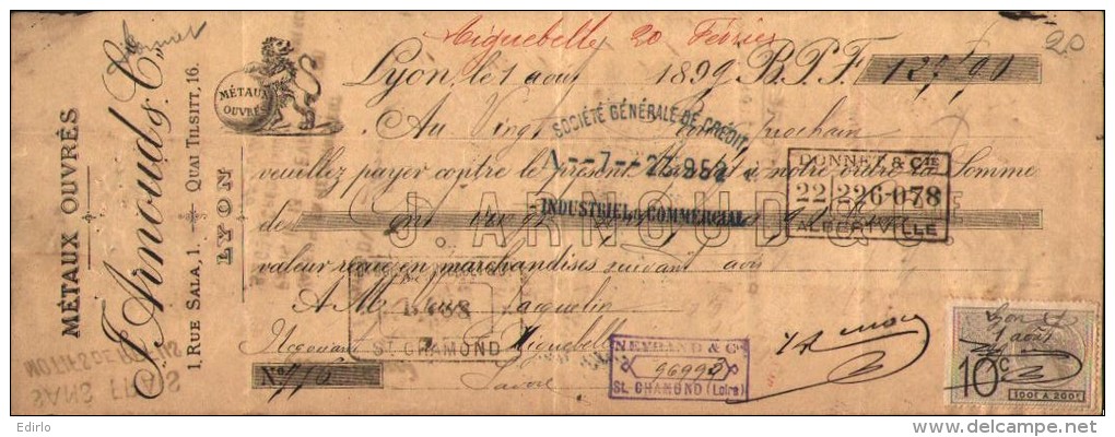 LETTRE DE CHANGE - 1899 Métaux Ouvés ARNOUX Lyon Nombreux Cachets D'escompte TTB - 1800 – 1899