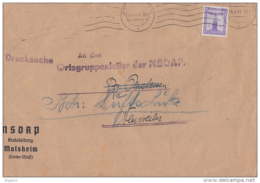 DR Brief EF Minr.159 Molsheim Elsass 6.4.44 - Dienstmarken