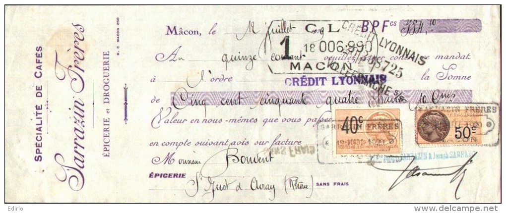 LETTRE DE CHANGE - épicerie Et Droguerie Cafés SARRAZIN FRERES - TTB - 1900 – 1949