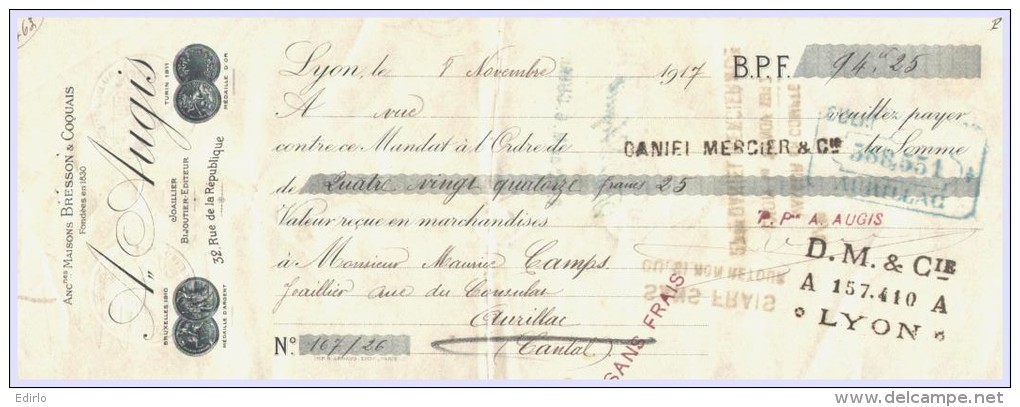 LETTRE DE CHANGE - 1917 Joaillier Bijoutier Augis  Mme CAMPS  Aurillac - TTB - 1900 – 1949