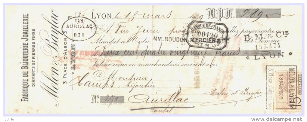 LETTRE DE CHANGE - 1909 - Fabrique De Bijouterie Diamants Et Pierres Fines MELON ET BAYLAC     - TTB - 1900 – 1949