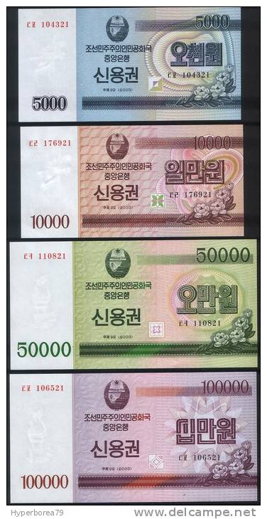 Korea North SET - 5000 10.000 50.000 100.000 Won 2003 Saving Loan Bonds - UNC - Korea, North