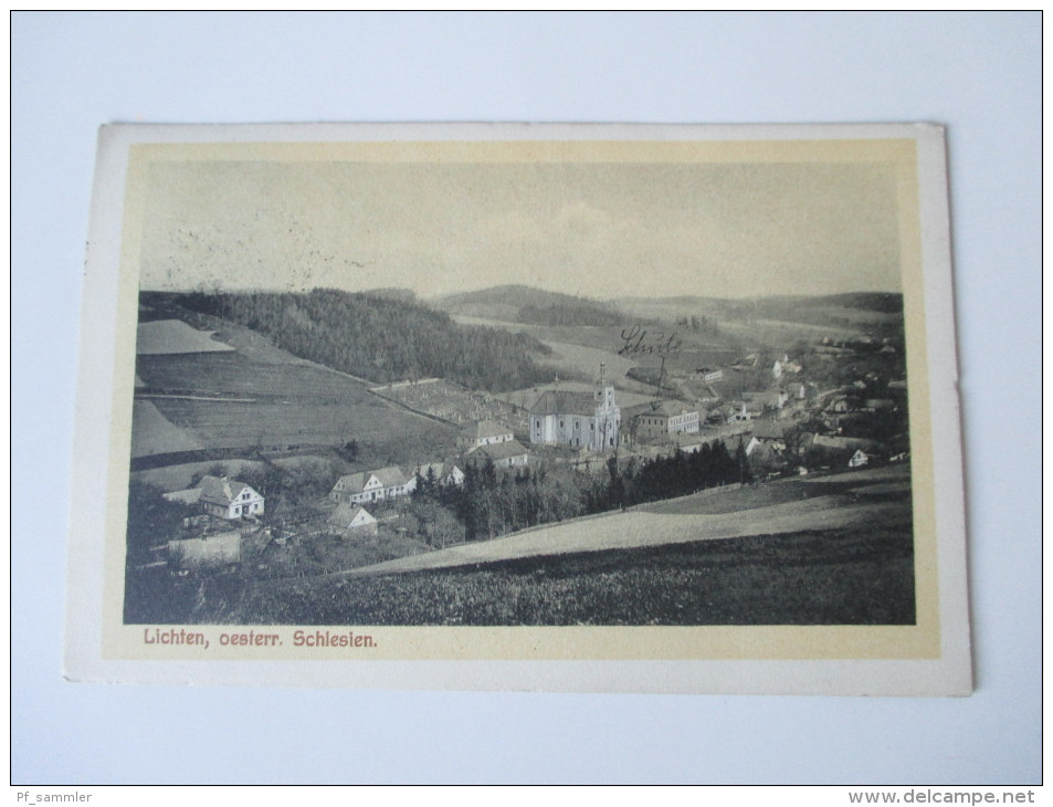 Seltene AK Lichten, Oesterr. Schlesien. Kirche / Schule. Verlag V. Maria Seidl. Troppau - Czech Republic