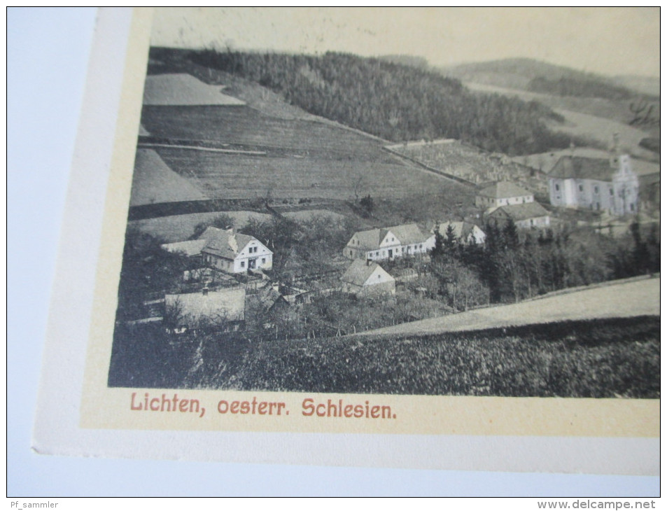 Seltene AK Lichten, Oesterr. Schlesien. Kirche / Schule. Verlag V. Maria Seidl. Troppau - Czech Republic