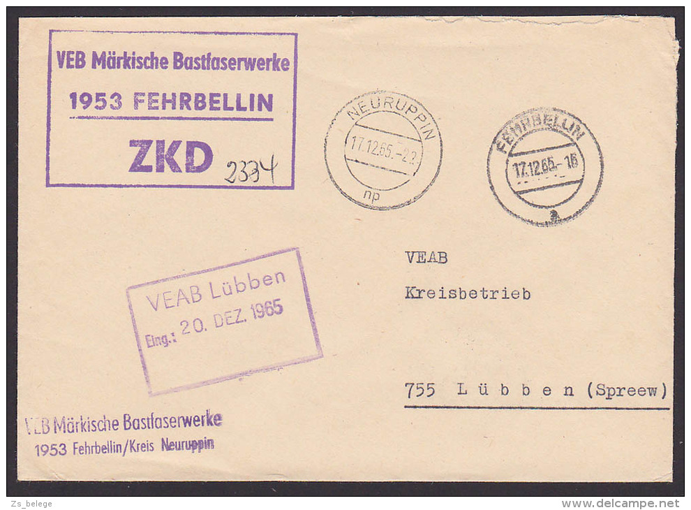 DDR ZKD-Brief FEHRBELLIN 1965, Kastenstempel VEB Märkischer Bastfaserwerke Nach Lübben (Spreewald) Neuruppin - Sonstige & Ohne Zuordnung