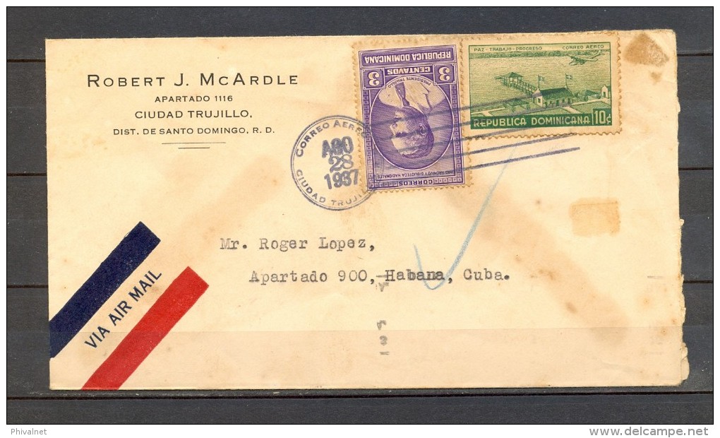 1937 REPÚBLICA DOMINICANA, SOBRE CIRCULADO A LA HABANA, CORREO AÉREO, RODILLO TABACO AL DORSO - Dominican Republic