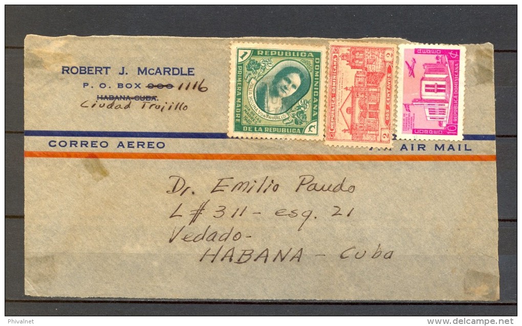 1941 REPÚBLICA DOMINICANA, FRONTAL DE SOBRE CIRCULADO ENTRE CIUDAD TRUJILLO Y LA HABANA, CORREO AÉREO - Dominican Republic