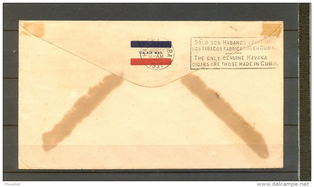 1937 REPÚBLICA DOMINICANA, SOBRE CIRCULADO ENTRE CIUDAD TRUJILLO Y LA HABANA, CORREO AÉREO, RODILLO AL DORSO - Dominican Republic