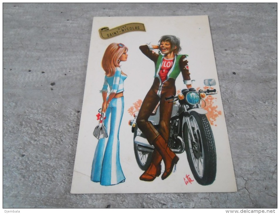 Carte  De  Saint Nicolas Representant Un Garçon Avec Sa Moto Et Une Jeune Fille - Autres & Non Classés