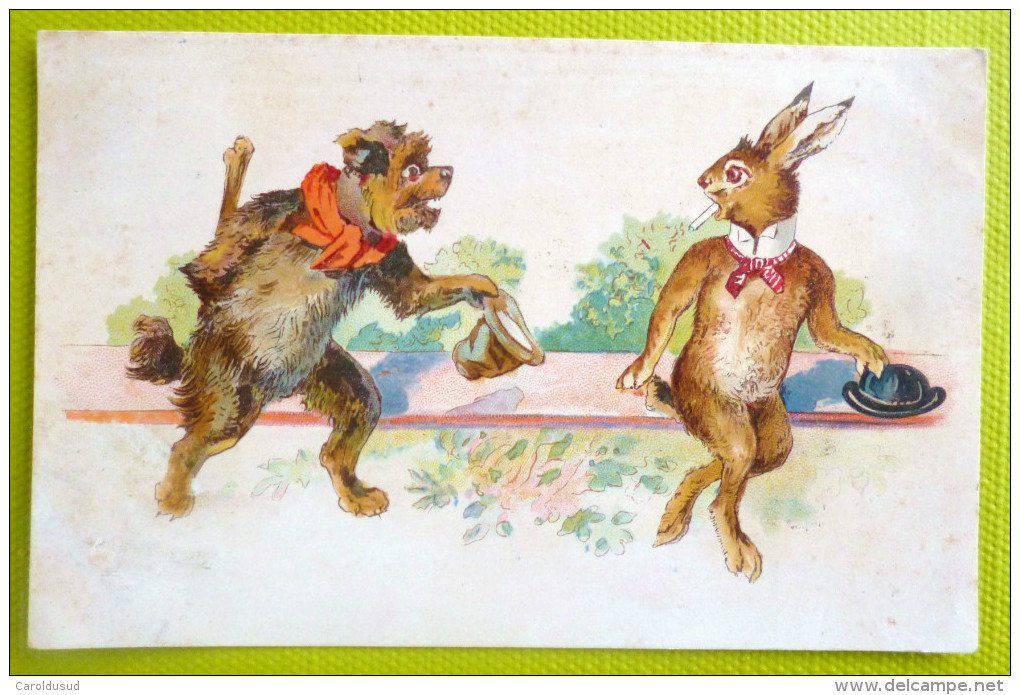 RARE CPA Litho Illustrateur Vimar ? Chien MANDIANT ET Lapin Humanisé Sur Banc Fumeur Cigarette Voyagé 1904 TIMBRE - Dressed Animals