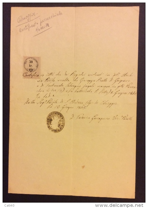 CHIOGGIA PARROCCHIA S.ANDREA   -1863  MARCHE DA BOLLO LOMBARDO VENETO SU DOCUMENTO MANOSCRITTO + BOLLO PARROCCHIALE - Fiscaux