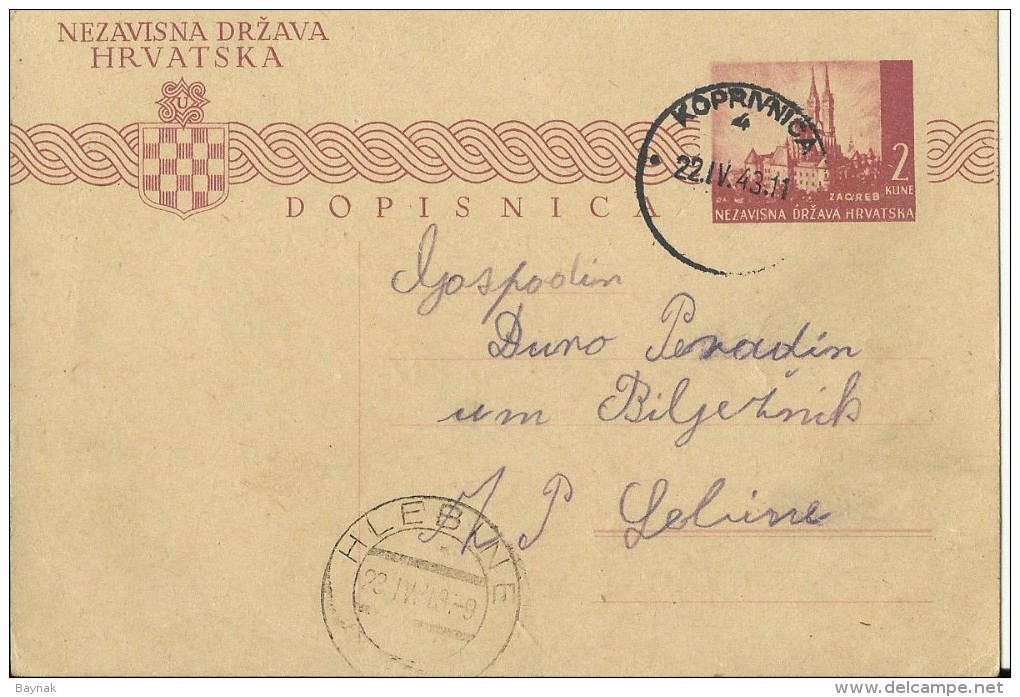 CROATIA   --  NDH   ---   NEZAVISNA DRZAVA HRVATSKA   ---  DOPISNICA  --  KOPRIVNICA  -  HLEBINE   ---   1943. - Kroatien