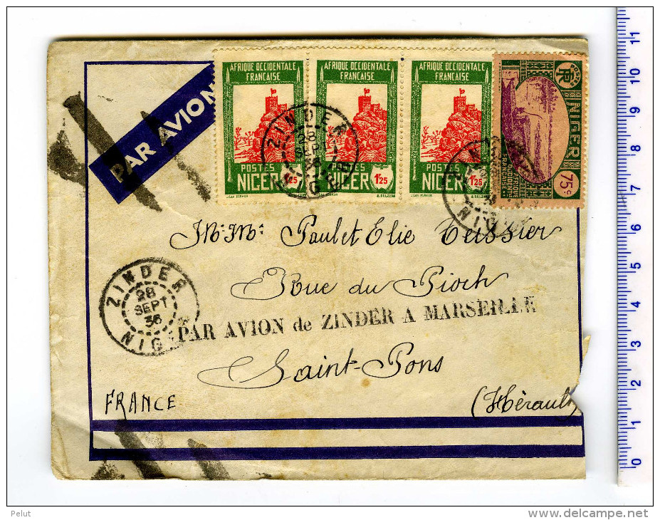 Enveloppe Niger 1936 Griffe "PAR AVION DE ZINDER A MARSEILLE" - Briefe U. Dokumente