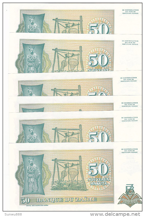 Zaïre - Lot De 6x Cinquante Nouveau Makuta (FDC, UNC) 1993 (dont Numéro Qui Se Suivent) - Zaire