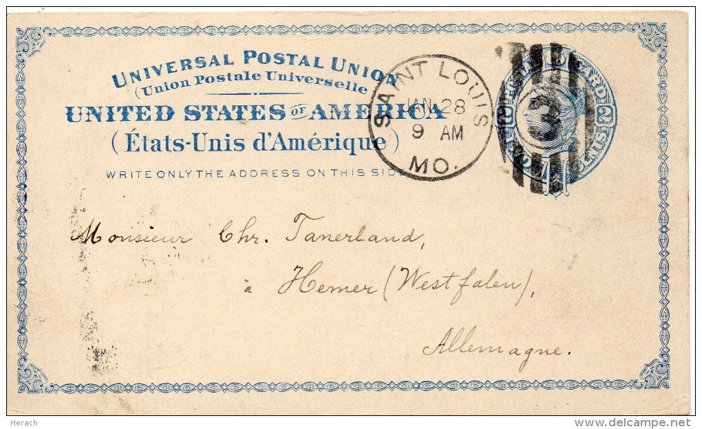 ETATS UNIS ENTIER POSTAL POUR L'ALLEMAGNE 1886 - ...-1900