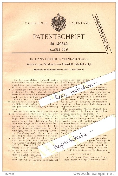 Original Patent - Dr. Hans Leffler In Veendam , 1903 , Entwässern Von Strohstoff , Groningen !!! - Veendam