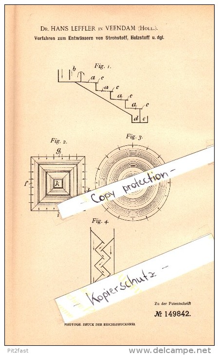 Original Patent - Dr. Hans Leffler In Veendam , 1903 , Entwässern Von Strohstoff , Groningen !!! - Veendam